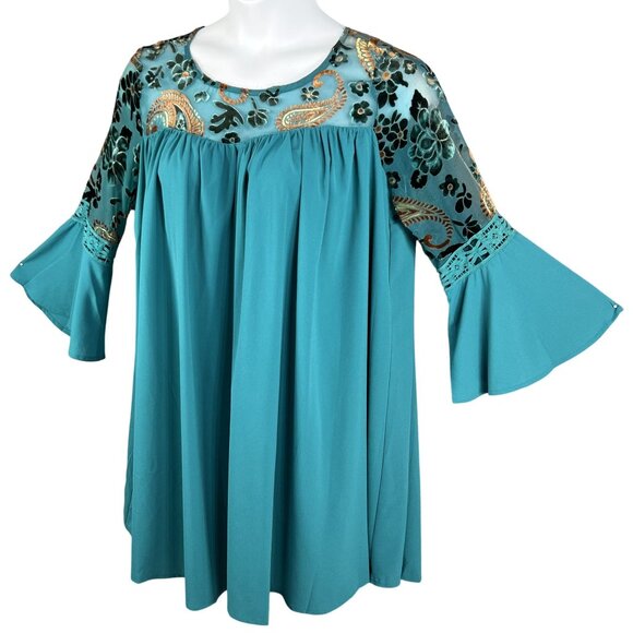 Umgee Womens L Boho Floral Velvet Burn Out Shift Dress Embroidered Bell Sleeve - Picture 10 of 16